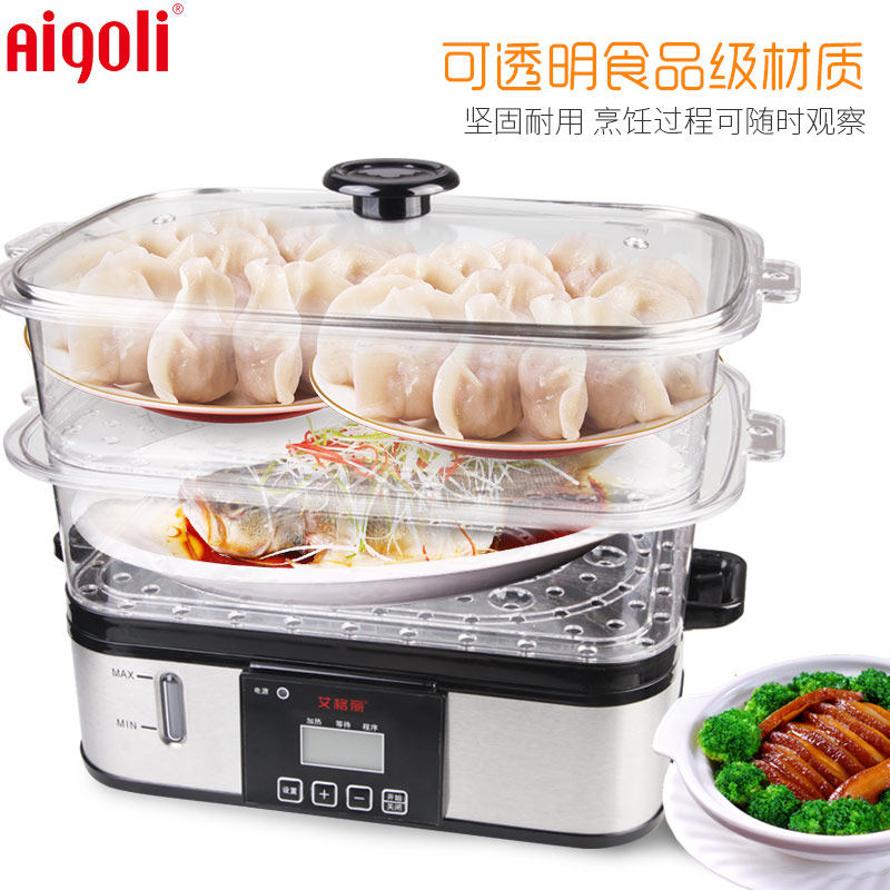 Aigri rectangular double layer domestic multifunction steam cage anti-dry burning large capacity transparent timing steamed fish electric steamer