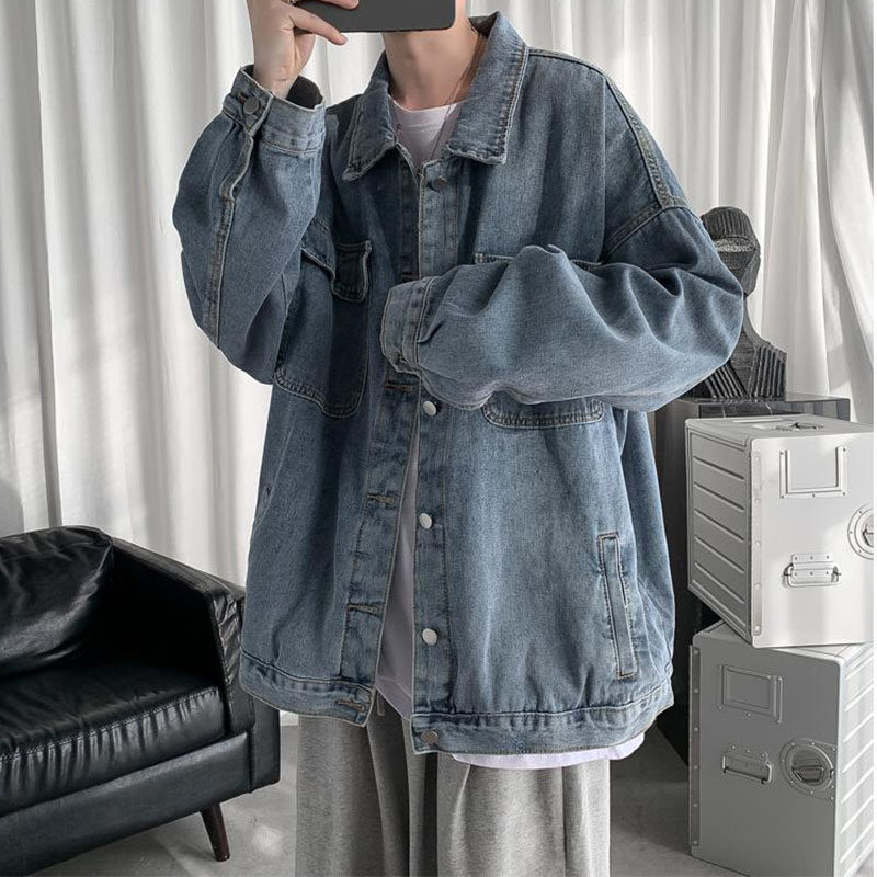 Denim jacket men spring and autumn Korean version trend retro jacket casual versatile tide brand ins loose Hong Kong style denim