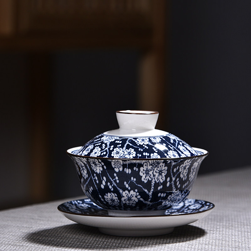 Ceramic cover bowl Sancai tea cup tea set to respect tea bowl blue and white underglaze color set hand-held pot large hand-painted tea cup