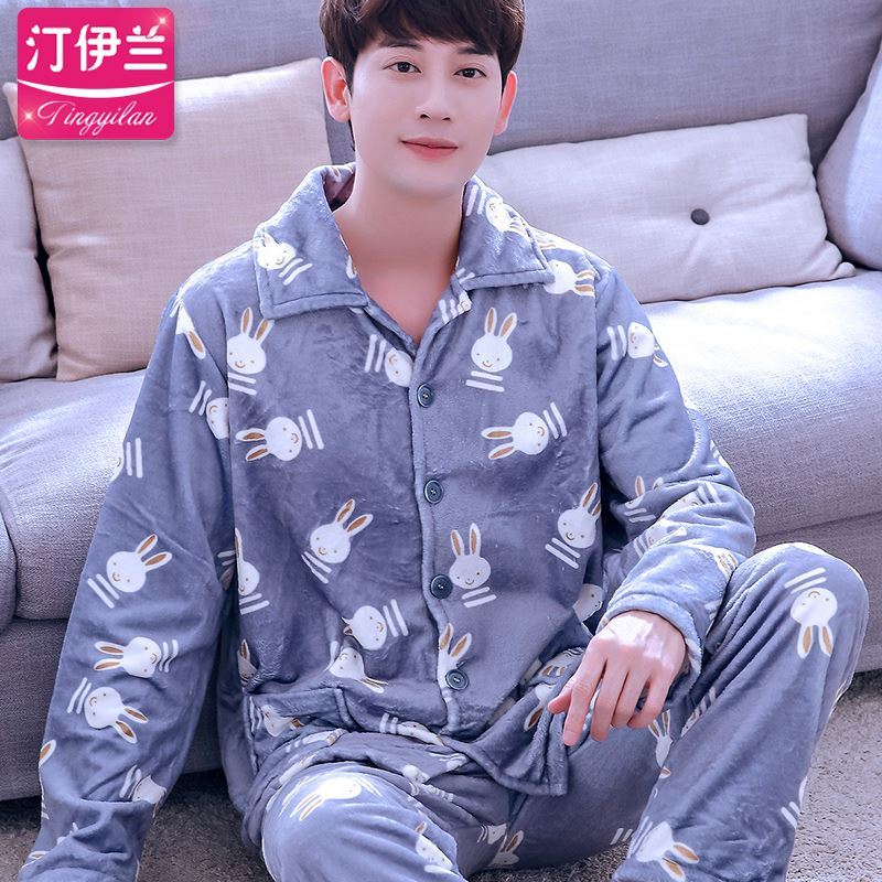 Winter pajamamens bộ bông mùa đông mùa thu dài tay áo và các mô hình mùa đông cộng với mens đất nhung ấm dày nhung san hô bông len.