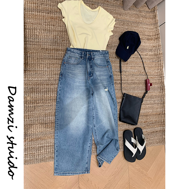 Da Maizi Fashionable Denim High-Quality Color-Block Distressed Fashionable Cropped Jeans Mz62205 Fashionable Denim Da Maizi Fashionable Denim High-Quality Color-Block Distressed Fashionable Cropped Jeans Mz62205 Fashionable Denim