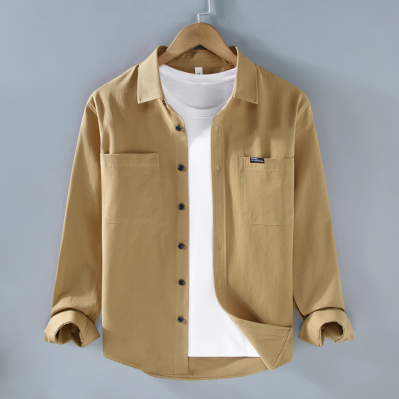 American-Style Heavyweight Pure Cotton Long-Sleeve Work Shirt for Men, Trendy Casual Versatile Shirt, Solid Color All-Cotton Top for Outerwear