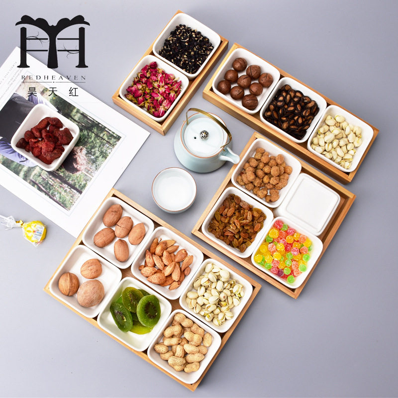 Fine Instrumental God Bamboo Ceramic Dry Fruit Pan Multifunction Creative Eu Style Living Room Home Divided Dry Fruit Box