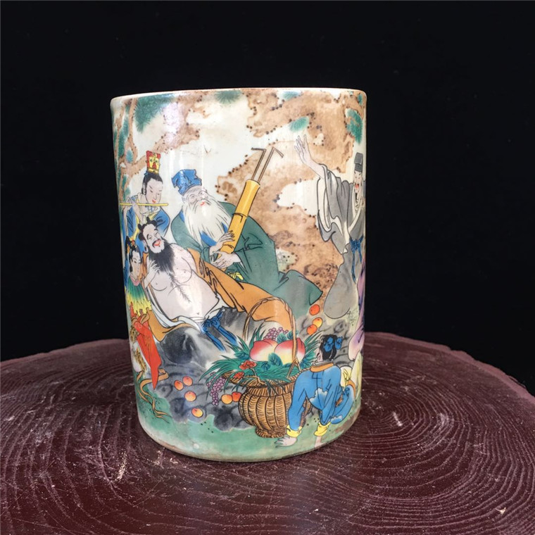 Qing Tongzhi Pastel Eight Immortals Pen Holder Antique Porcelain Home Furnishings Antique Collection Study Furnishings