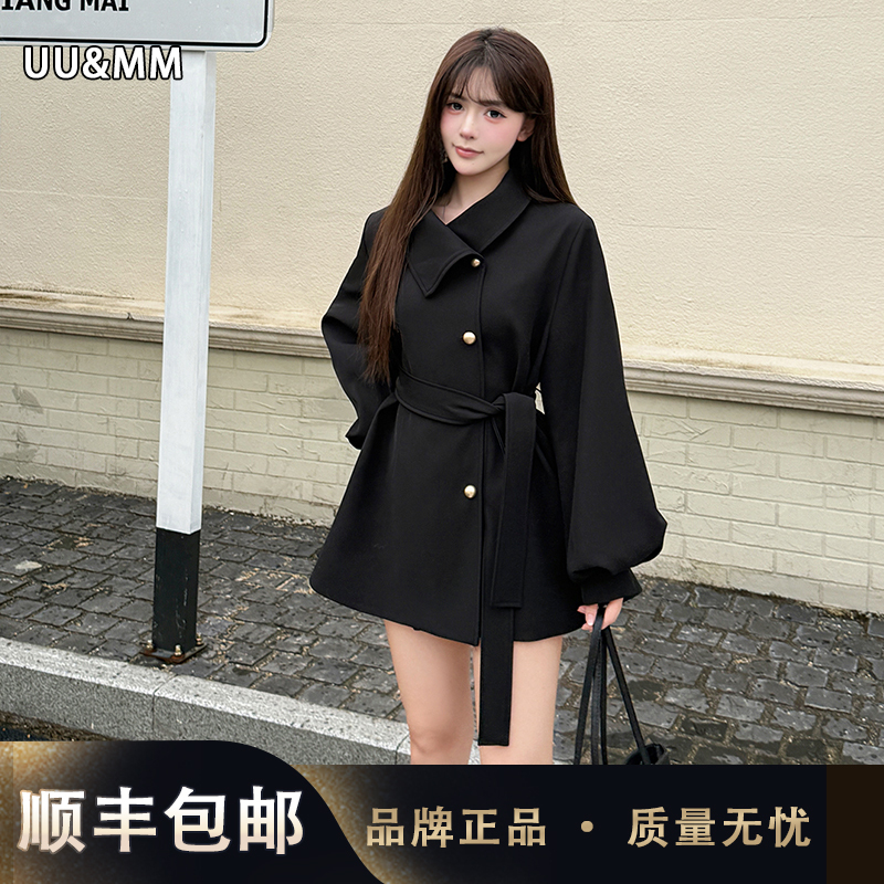 Uu&Mm Autumn and Winter Elegant Lapel Mid-Length Super Stylish Lightweight Trench Coat for Women, Black, High-End, Slimming Jacket Uu&Mm Autumn and Winter Elegant Lapel Mid-Length Super Stylish Lightweight Trench Coat for Women, Black, High-End, Slimming Jacket