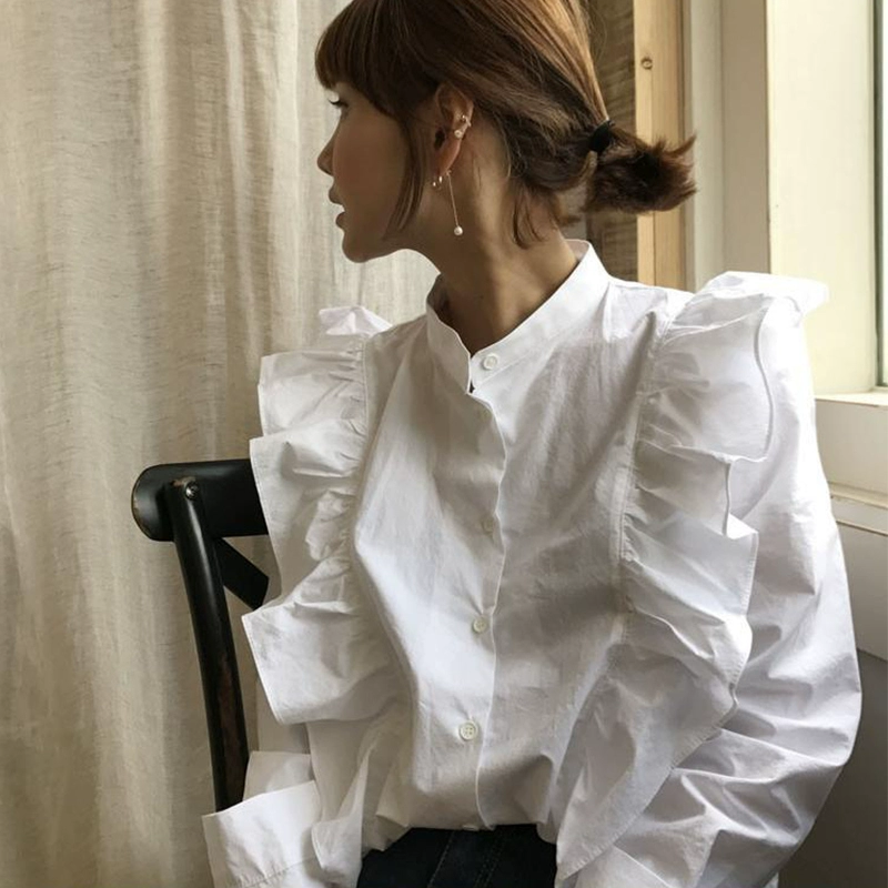 Ruffle plus size blouse nữ dài tay mới dài tay mùa xuân và thu đông 2021 phong cách hàn quốc phong cách nước ngoài cổ đứng áo sơ mi trắng nữ - Áo sơ mi