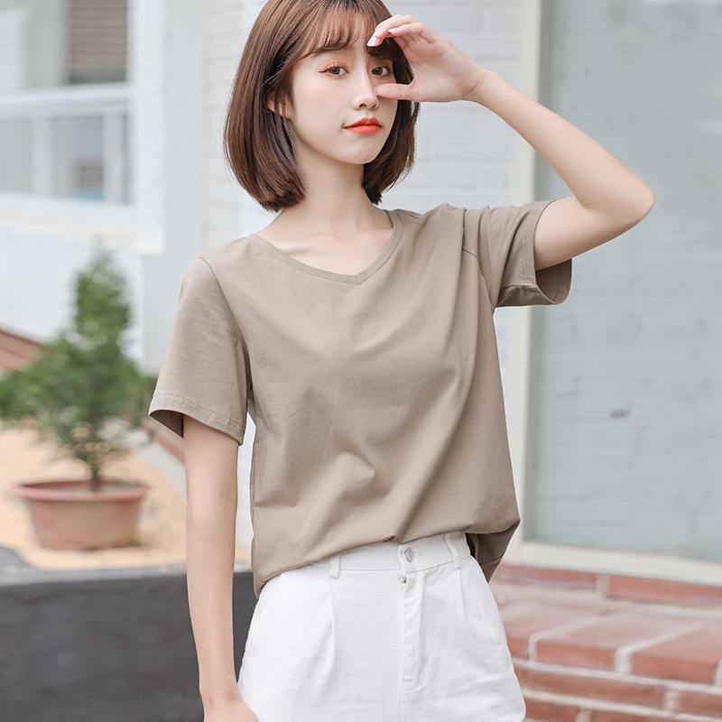 Khaki Short-Sleeved T-Shirt for Women V Neck Summer Pure Cotton Half-Sleeved High-End Loose Scheming Top Salt Casual Slimming Look