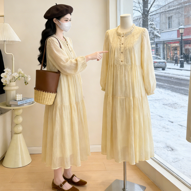 Korean Style 2026 Spring New Fashion for Slightly Chubby Women, Super Slimming and Figure-Flattering Long Dress, Elegant and Loose-Fitting Dress with a High-End Feel