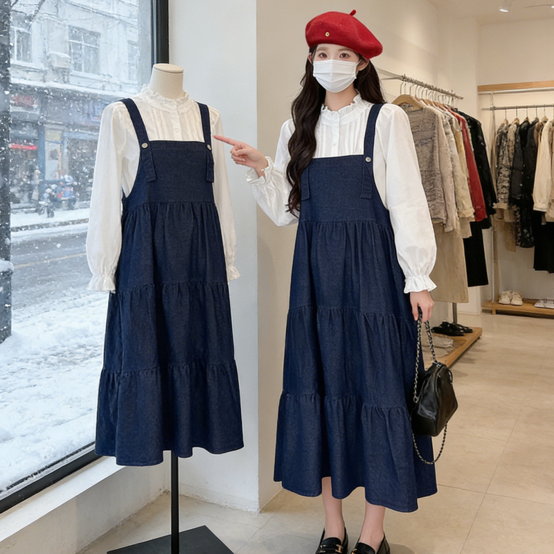Autumn 2026 New Plus-Size Outfit for Slightly Chubby Figures, Korean Style, Age-Reducing, Tummy-Concealing, Denim Suspender Dress Set Autumn 2026 New Plus-Size Outfit for Slightly Chubby Figures, Korean Style, Age-Reducing, Tummy-Concealing, Denim Suspender Dress Set