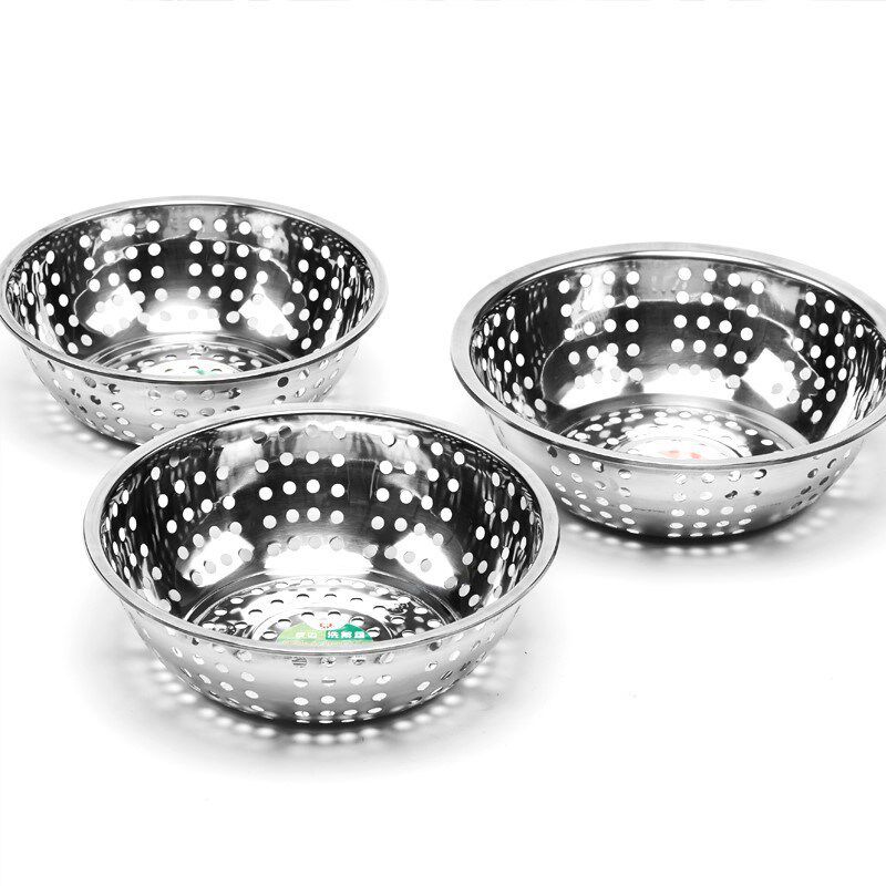 Stainless steel washing basket big hole washing basin small hole rice sieve round leaky basin fruit basket fruit basin draining basin rice basket