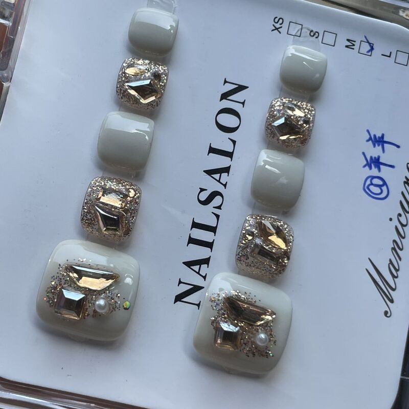 Approximately High-End Milky White, Sparkling Champagne with Rhinestones, Handmade Wearable Nails and Toenails, 12 Pieces Approximately High-End Milky White, Sparkling Champagne with Rhinestones, Handmade Wearable Nails and Toenails, 12 Pieces