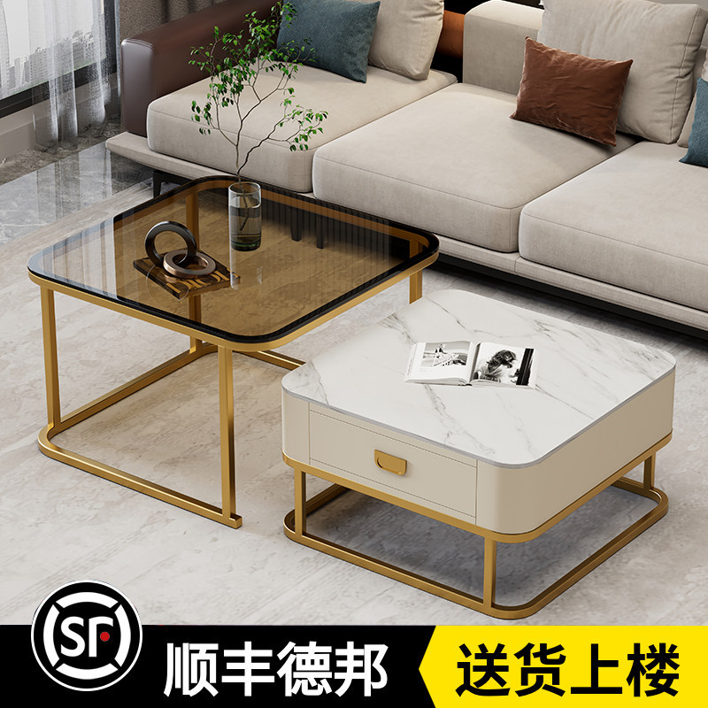 Slate coffee table combination table small apartment living room net red brown glass living room home Italian high-end light luxury square