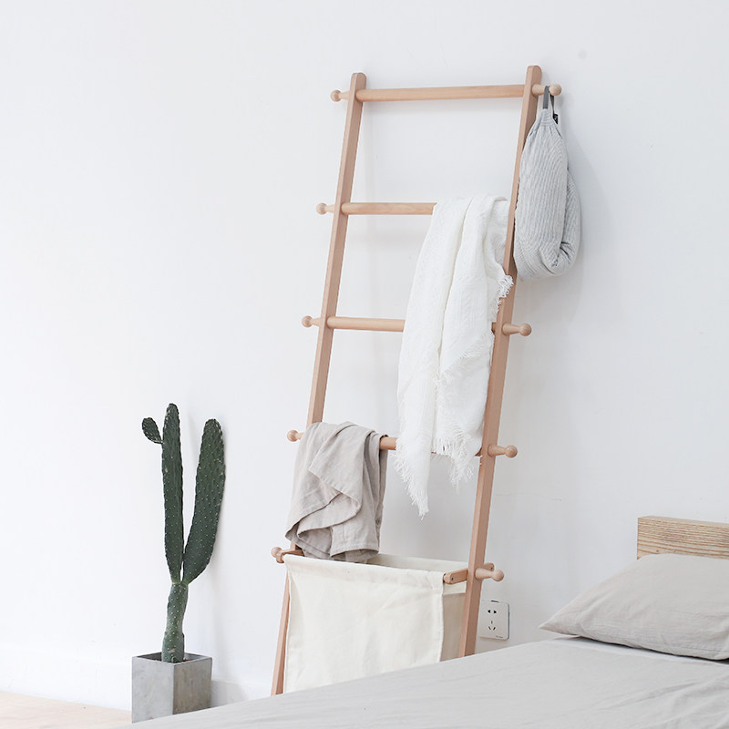 Bedside hanging hanger Floor to ceiling bedroom ins solid wood ladder coat rack against the wall bathroom trapezoidal shelf hanging clothes ladder