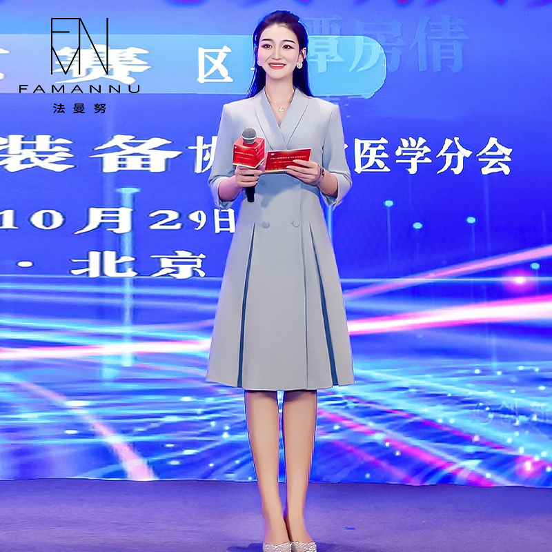 Three-Quarter Sleeve Blue Speech Dress for Women 2025 New Design, Photogenic Professional Host Formal Dress Three-Quarter Sleeve Blue Speech Dress for Women 2025 New Design, Photogenic Professional Host Formal Dress