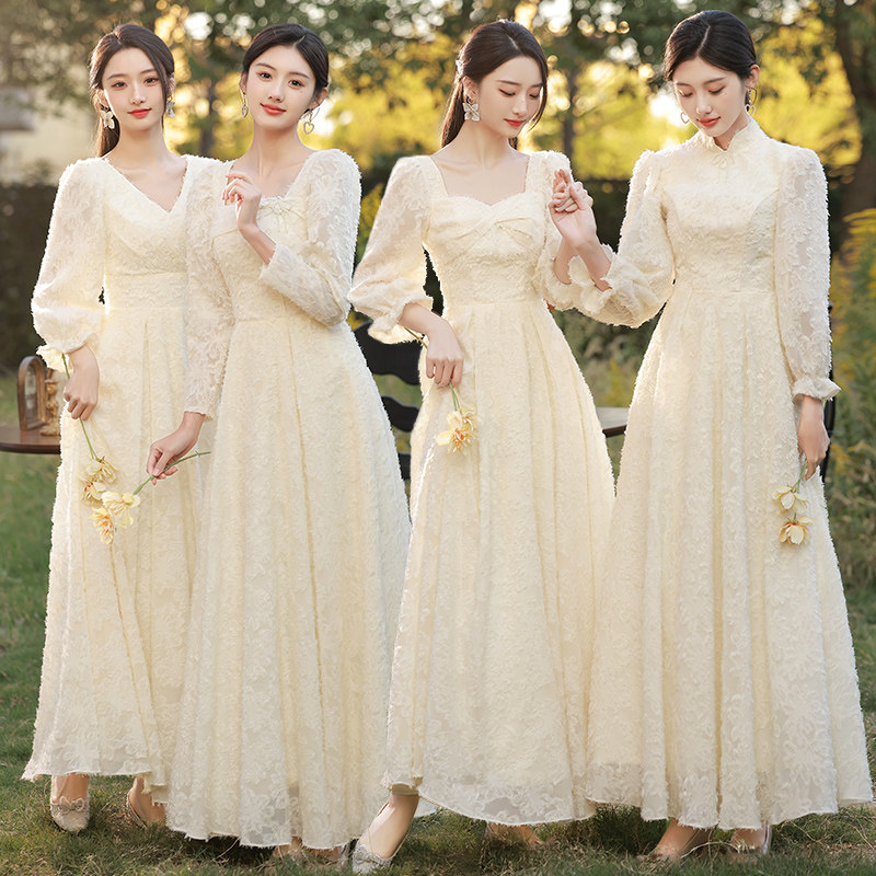 Champagne Bridesmaid Service Long 2023 Winter New Wedding Sisters Dress Bridesmaids Fairy Temperament Long Sleeves Dress-Taobao