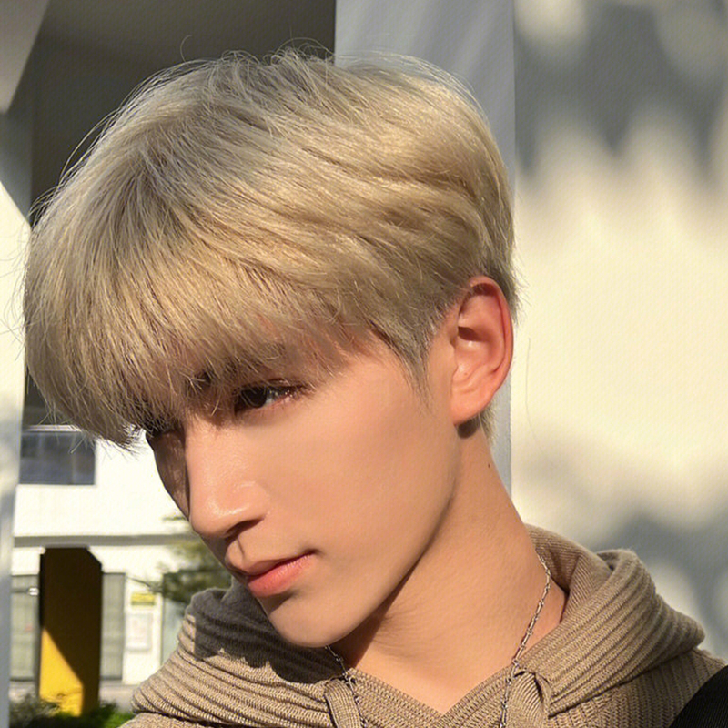 Men's Short Straight Hair Wig, Natural and Fluffy Style, Stylish and Handsome, with a Broken Bangs, Fashionable Beige-Gold Hairstyle