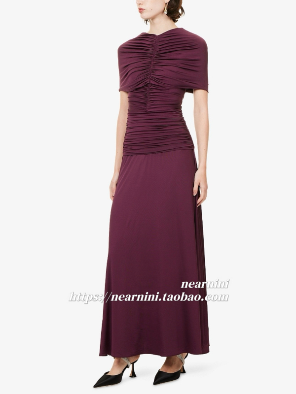 Nearnini's New Burgundy Pink Cape Shawl Pleated Short-Sleeved Long Dress Evening Gown Dress Nearnini's New Burgundy Pink Cape Shawl Pleated Short-Sleeved Long Dress Evening Gown Dress