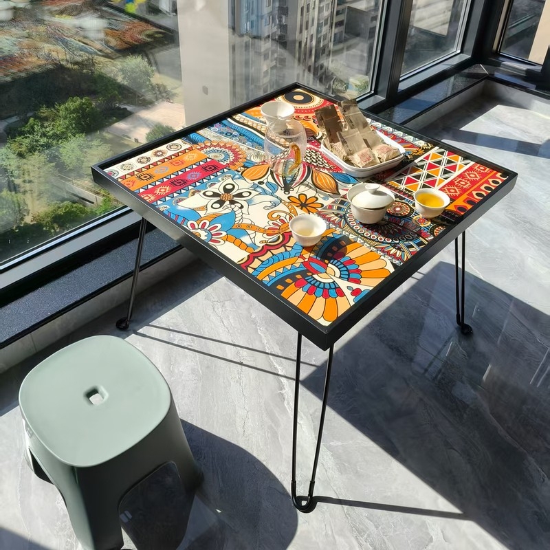 Small Apartment Living Room Folding Coffee Table, Trendy Artistic Style Painted Balcony Small Square Table, Simple Leisure Coffee Table Side Table Small Apartment Living Room Folding Coffee Table, Trendy Artistic Style Painted Balcony Small Square Table, Simple Leisure Coffee Table Side Table