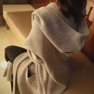 Autumn and winter new female Korean medium and long version hooded solid color soft glutinous knitted cardigan lazy loose large size sweater jacket