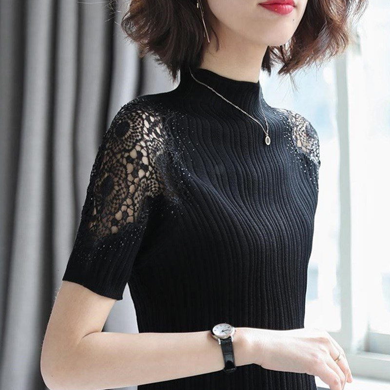 Lace short sleeve T-shirt woman 2022 summer fit new foreign blouse blouse black manmade semi-high collar knit undershirt