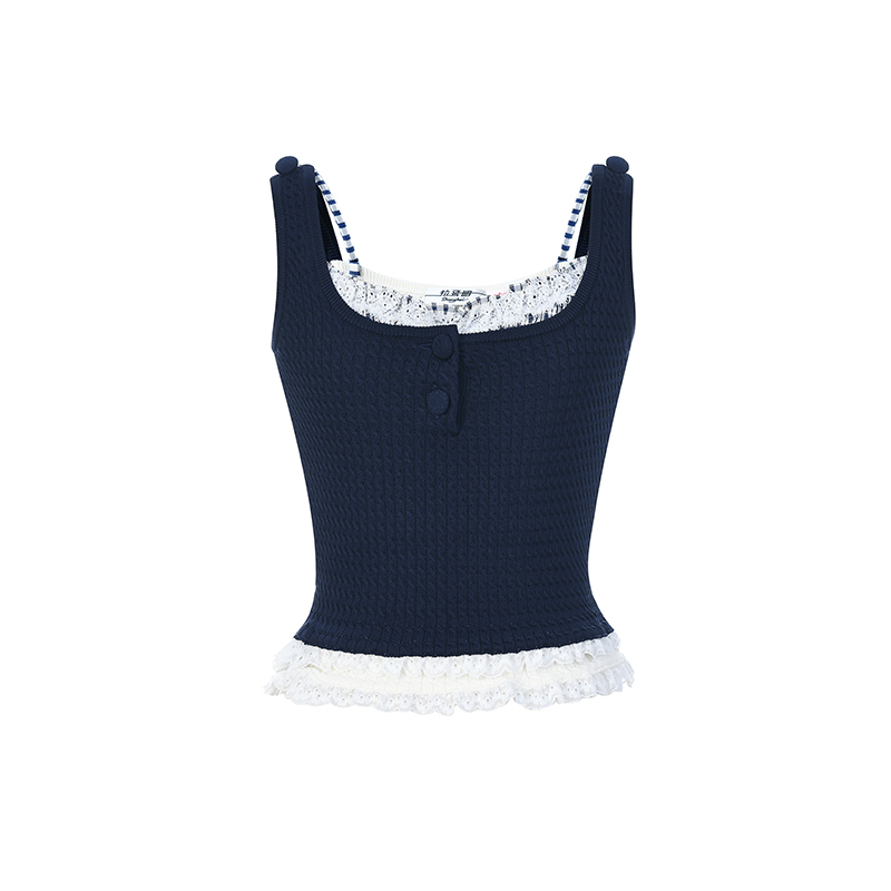 Lefame Spring and Autumn Lace Style Pearl Embellished Knitted Vest