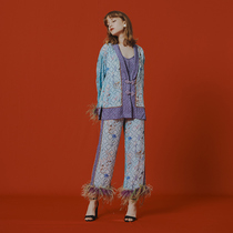 LE FAME laffi Spring Autumn new bamboo totem feather trim ankle-length pants LF9Q11P03N044