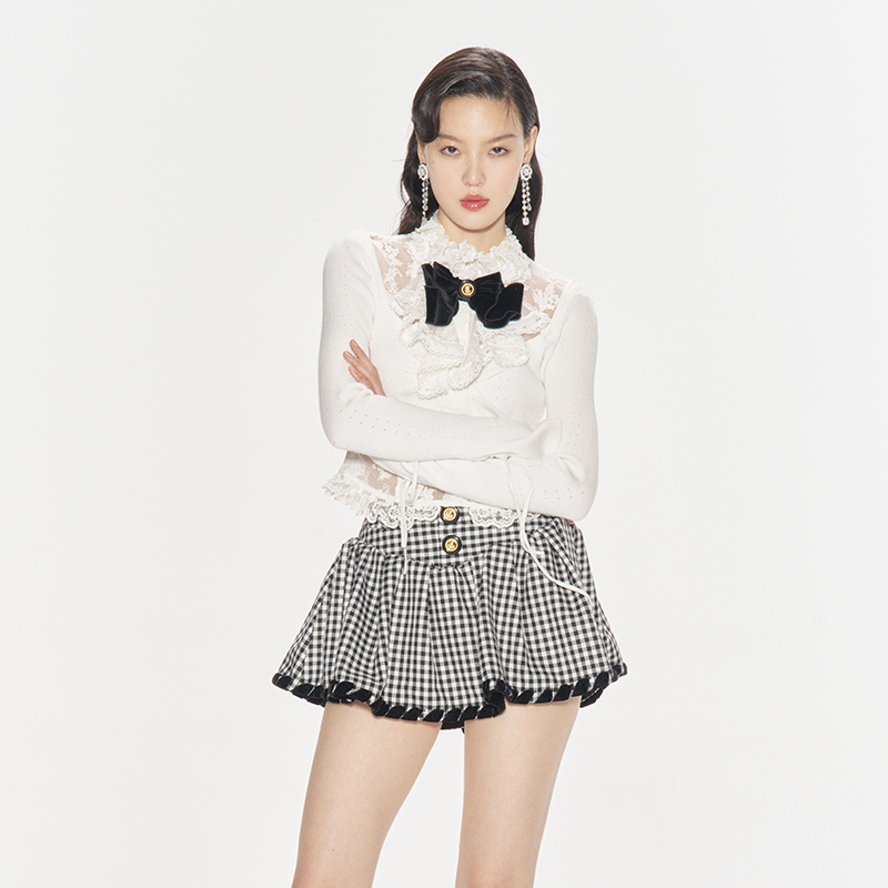 Lefame Autumn Bow-Decorated White Lace Knit Top