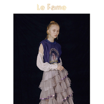 LE FAME La Fei Chun Portrait Print Vintage Splice Lantern Sleeve Sweatshirt LF9C11B02N001