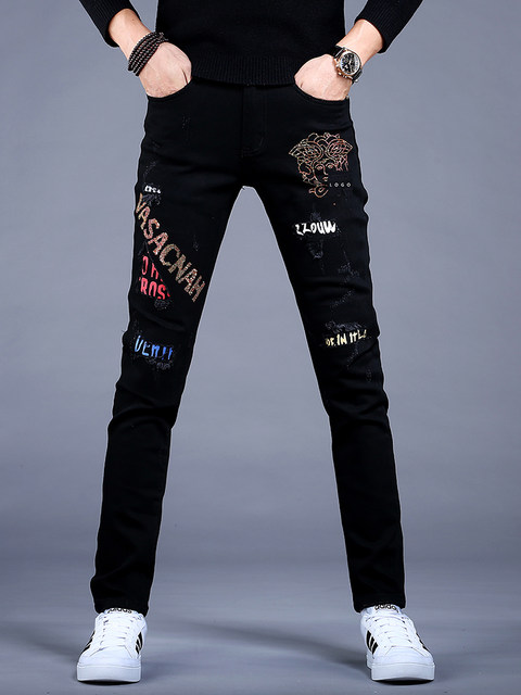 Men's embroidered flower jeans men's spring and autumn new fashion brand black light luxury casual pants trendy slim feet