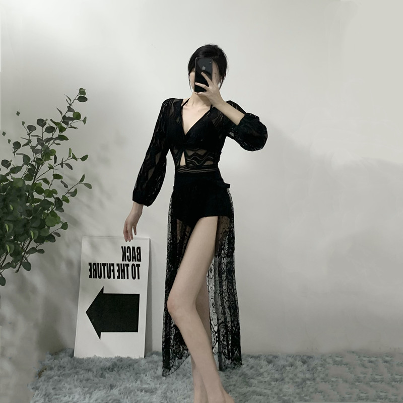 Swimsuit women's 2021 new even body long sleeves Belly Button Slim Sexy Lace Poly Woo Black Steel Puree Spa Swimsuit