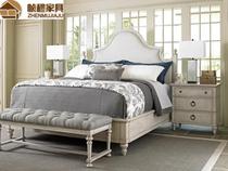 American solid wood white old 1 8 double bed Mediterranean antique white solid wood cotton linen leather soft bed