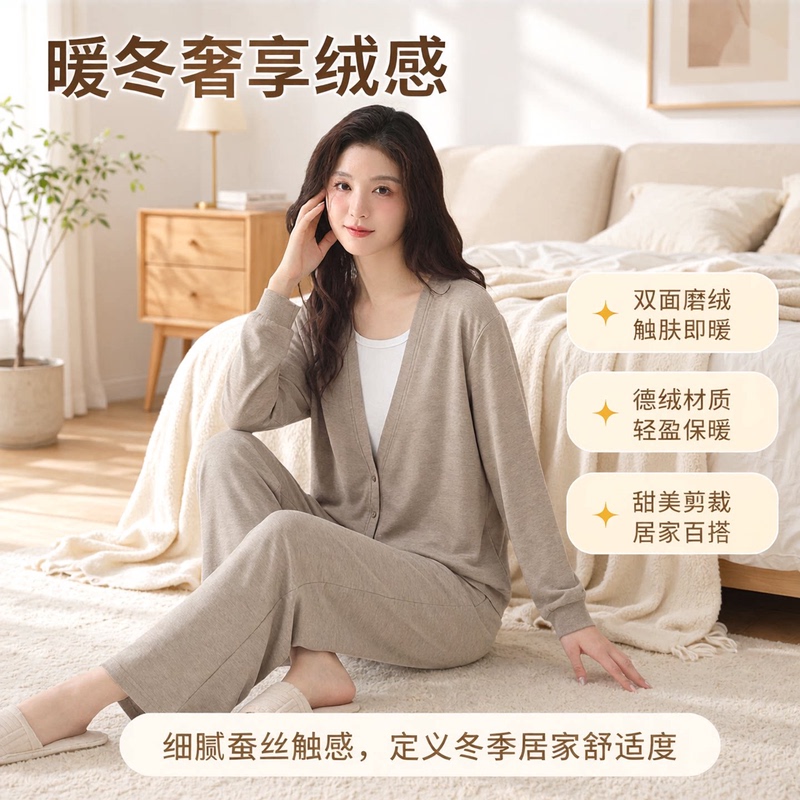 Lazy Style Faux Two-Piece Cardigan Pajamas for Women, Cashmere Silk Long-Sleeve German Velvet Loose Loungewear Set That Can Be Worn Outside