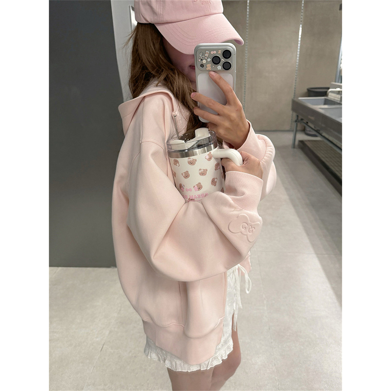 Korean Style Pink Hooded Zip-Up Sweatshirt Jacket for Women 2026 New Autumn Thin Loose Cardigan with Bow Top