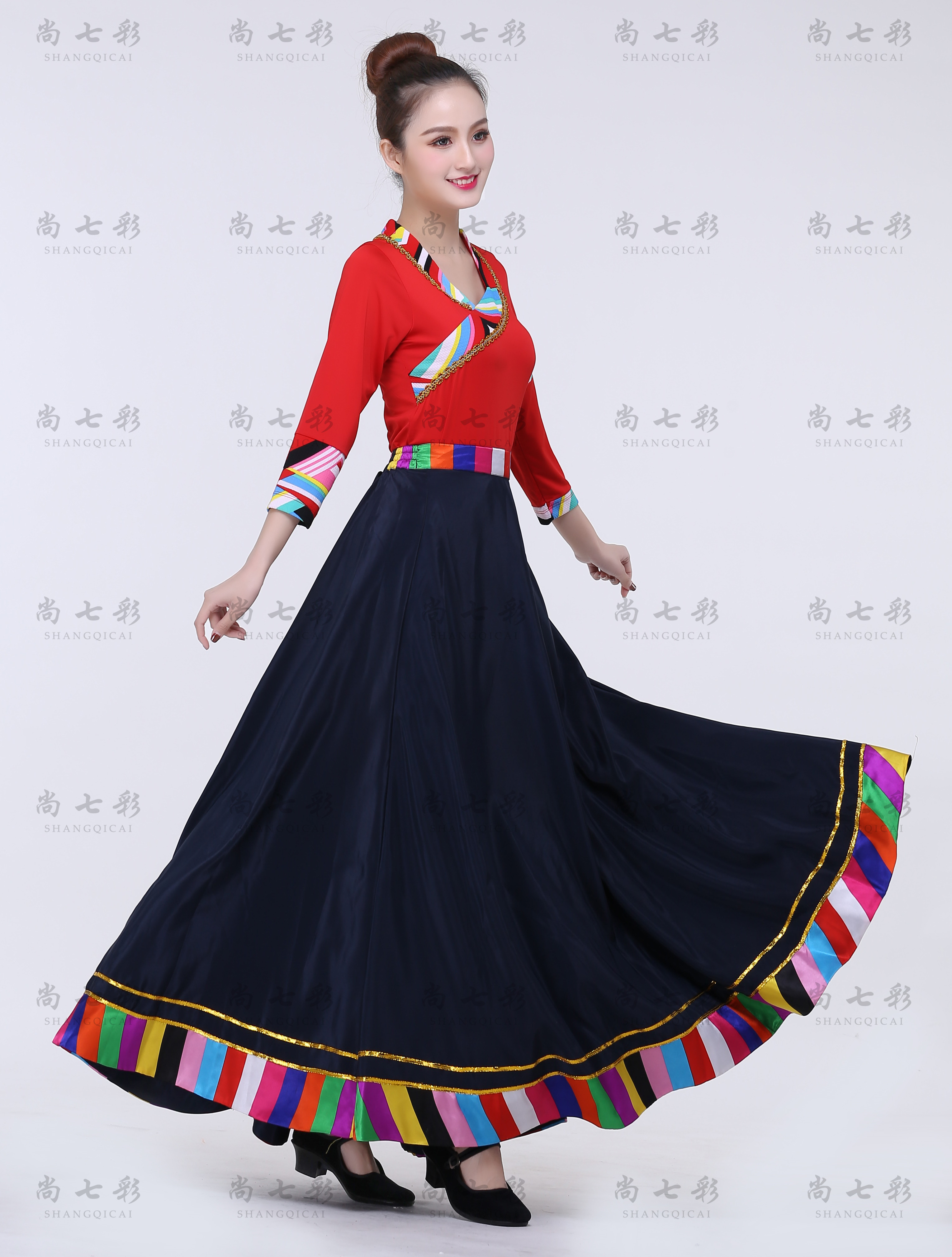 The new square Tibetan dance skirt Tibetan dance long skirt female Tibetan dance performance costume separate Tibetan skirt suit