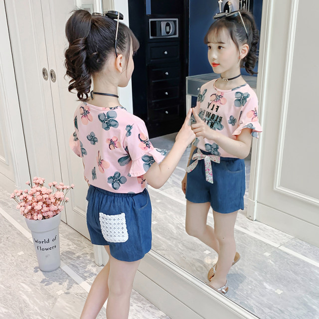 Girls Internet Celebrity Suit 2024 New Summer Clothes Girls Floral Short Sleeve Summer Fashion Medium and Big Children Shorts Set two-pieces