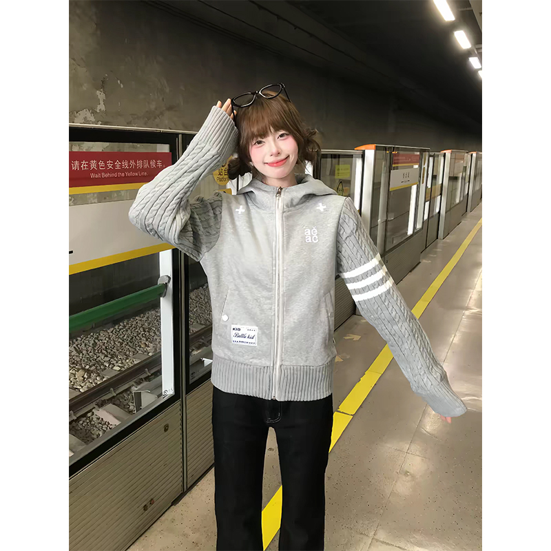 Embroidered Letter Knit Sleeve Sweatshirt for Women, Autumn Slim Fit, Korean Style, Casual Hooded Cardigan, Thin Jacket Embroidered Letter Knit Sleeve Sweatshirt for Women, Autumn Slim Fit, Korean Style, Casual Hooded Cardigan, Thin Jacket