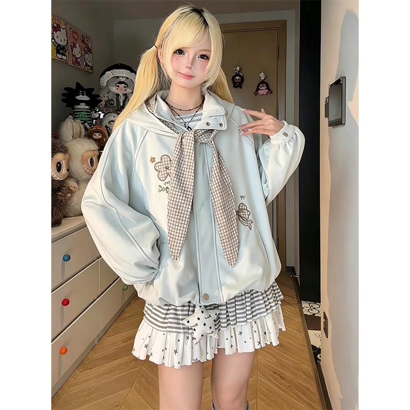 Embroidered Detachable Hooded Suede Jacket, Autumn Loose Sweet Preppy Style Bow Cardigan Jacket Top