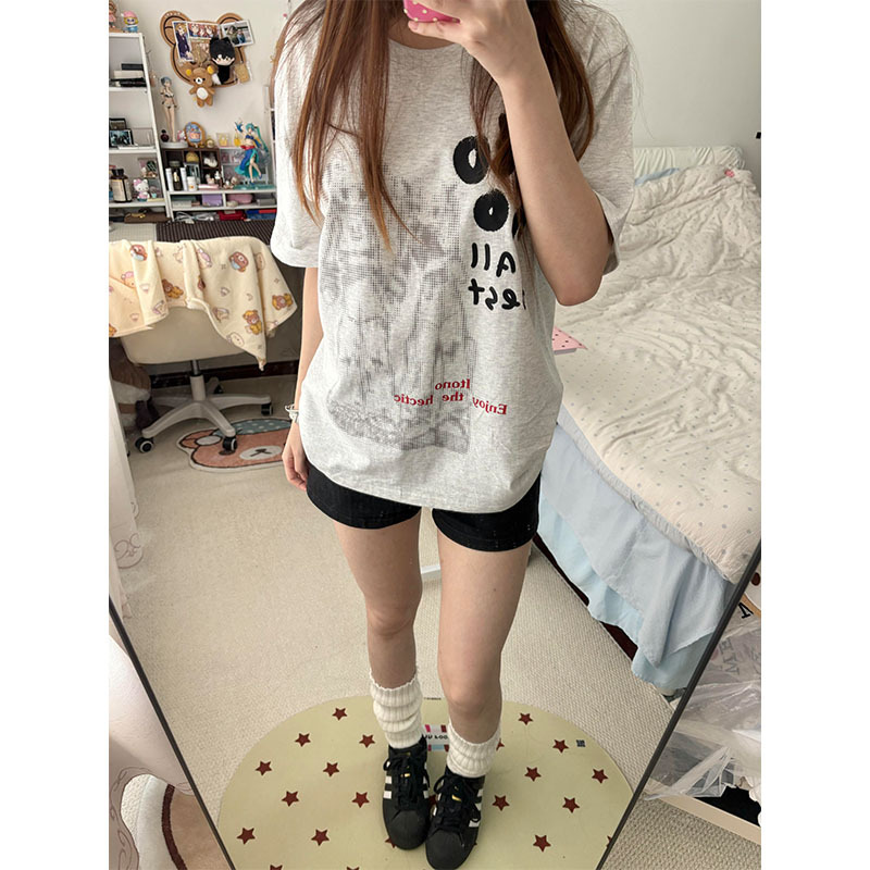 American Retro Puppy Print 100% Cotton Short-Sleeved T-Shirt for Women in Summer, Loose, Casual and Versatile Couple Tops