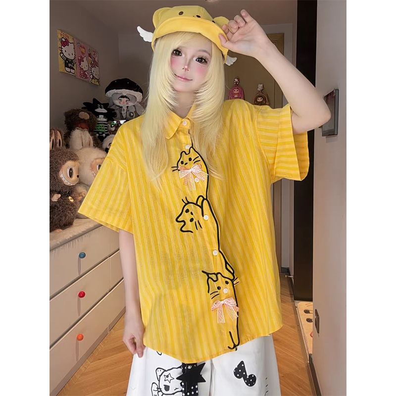 Embroidered Cat Casual Striped Short-Sleeve Shirt for Women, Summer Design, Niche Loose-Fitting Couple Polo Collar Top