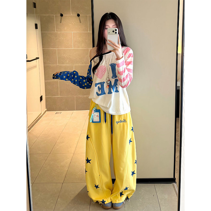American Retro Dopamine Off-Shoulder Blouse for Women, New Summer Casual Loose Lazy Patchwork Off-Shoulder Long-Sleeve T-Shirt