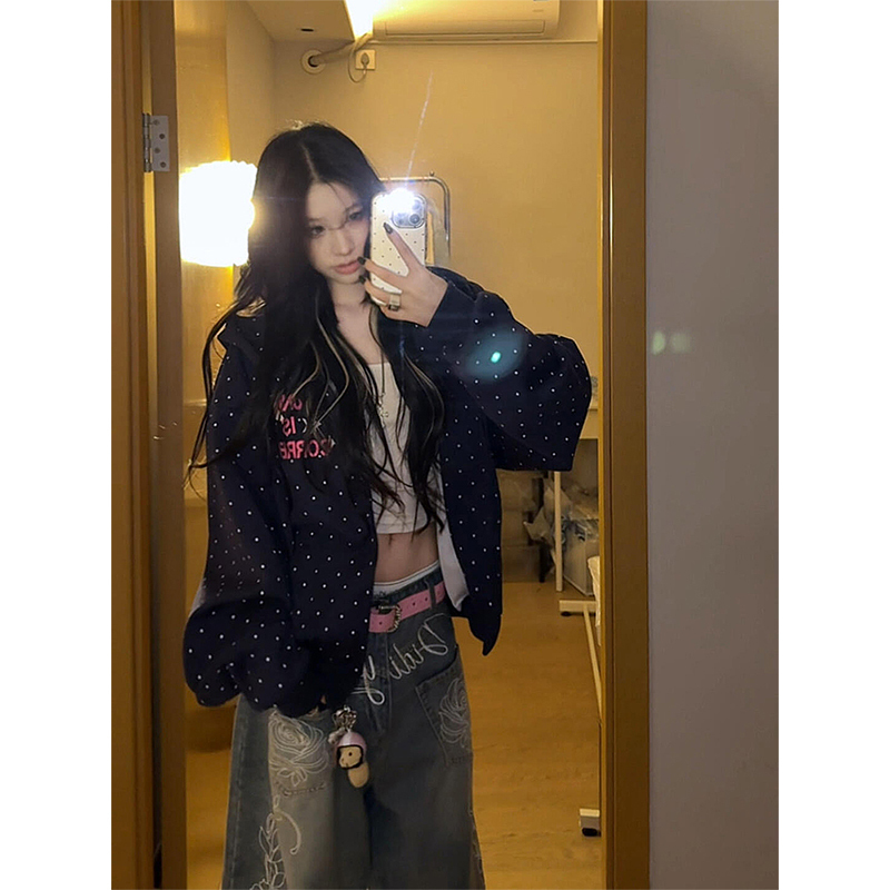 Korean-Style Polka Dot Star Sweatshirt for Women, Autumn Loose Casual College Style Couple Hooded Thin Cardigan Jacket