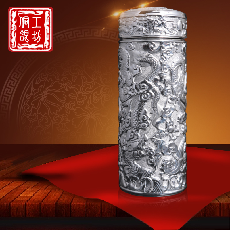 Ethnic minority silver decorated with Dong love workshop Gui 95 to revered high-end carved dragon silver insulated water glass 003 