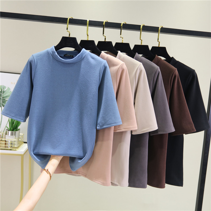 Half-height collar inside the five-point sleeves thick bottoms women's spring and autumn outside wearing the Korean version of the 100-sleeve velvet T-shirt top