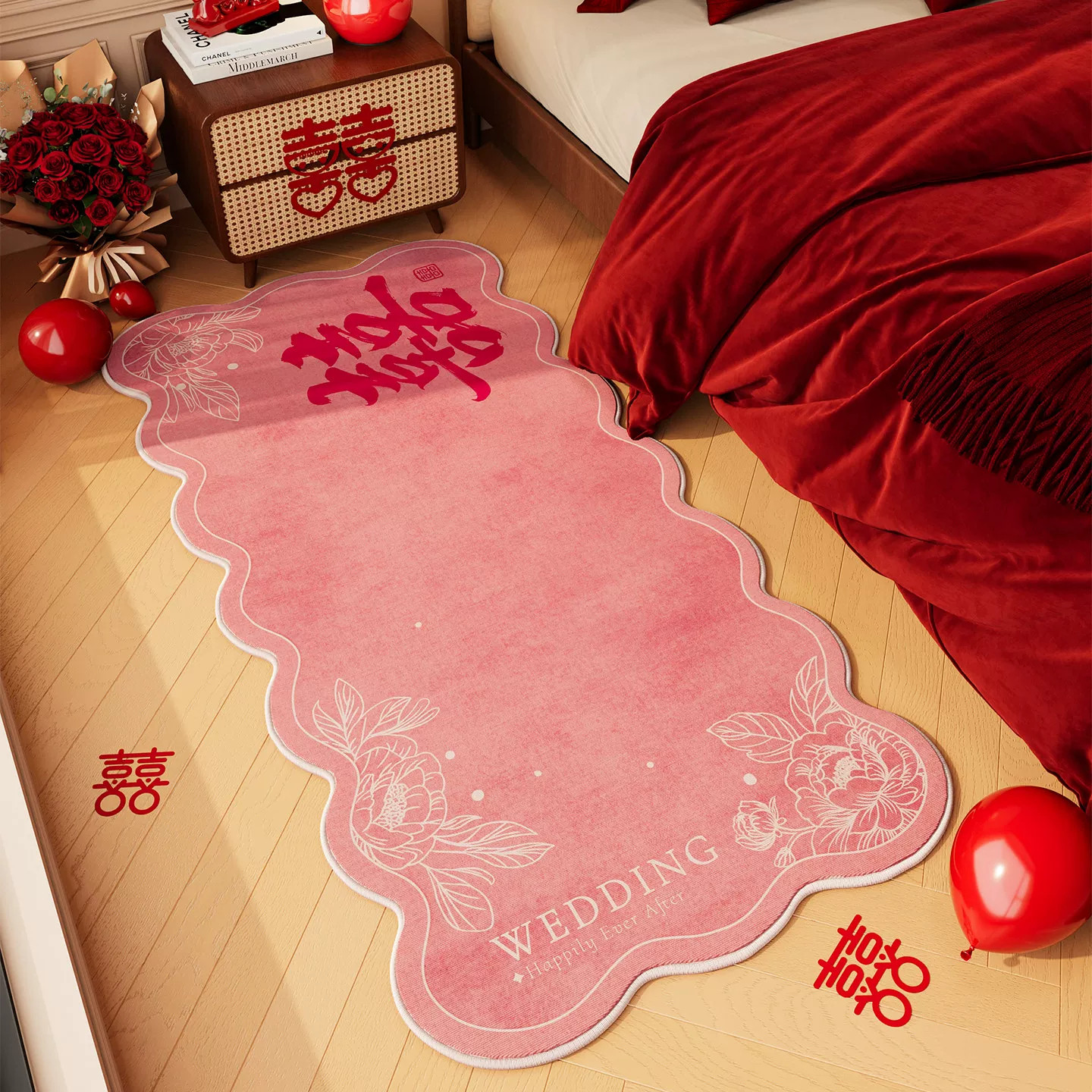 Wedding bedside carpet floor mat wedding room bedroom layout non-slip wedding red festive decoration happy word carpet foot mat