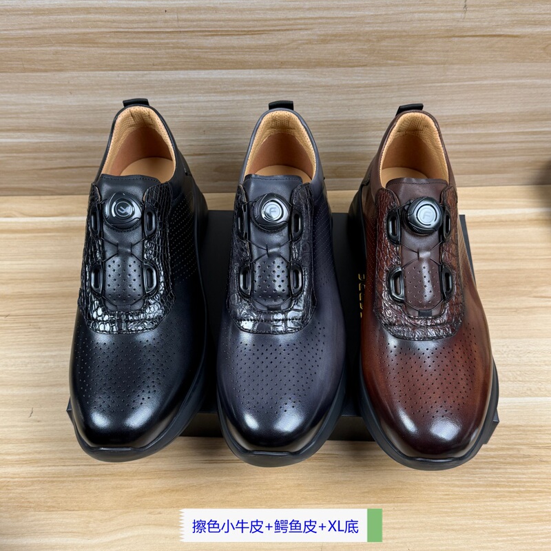 Spring and Summer Calfskin Crocodile Leather Rotating Buckle XL Sole Fashion Casual Shoes Men's Perforated Sports Casual Leather Shoes