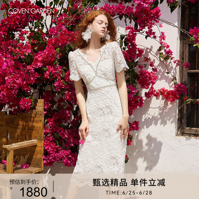 COVEN GARDEN Lace Short-Sleeved Dress, New Summer Style, High-End and Dignified Mid-Length Dress
