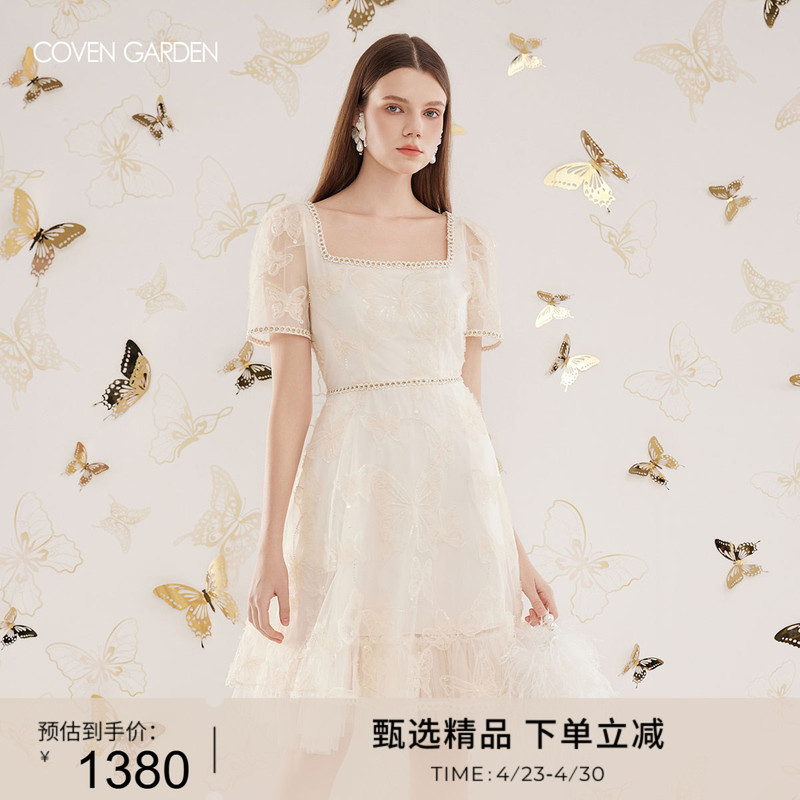 COVEN GARDEN Summer New Style Palace-Style Mesh Embroidered Dress Princess Dress Square Neck