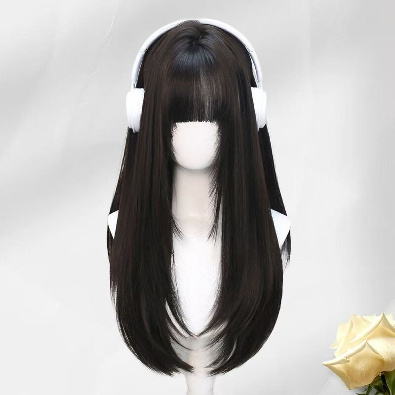 Wig for Women, Long Hair, Lolita Style, Black, Natural Bangs, Versatile for Cos, Round Face, Jk, Black Long Straight, Daily Full Wig