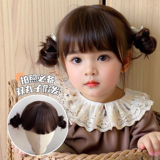 Children's Double Ball Head Wig for Women with Short Hair, Sweet and Cute Baby Hairstyle, Daily Breathable Air Bangs Full Headgear