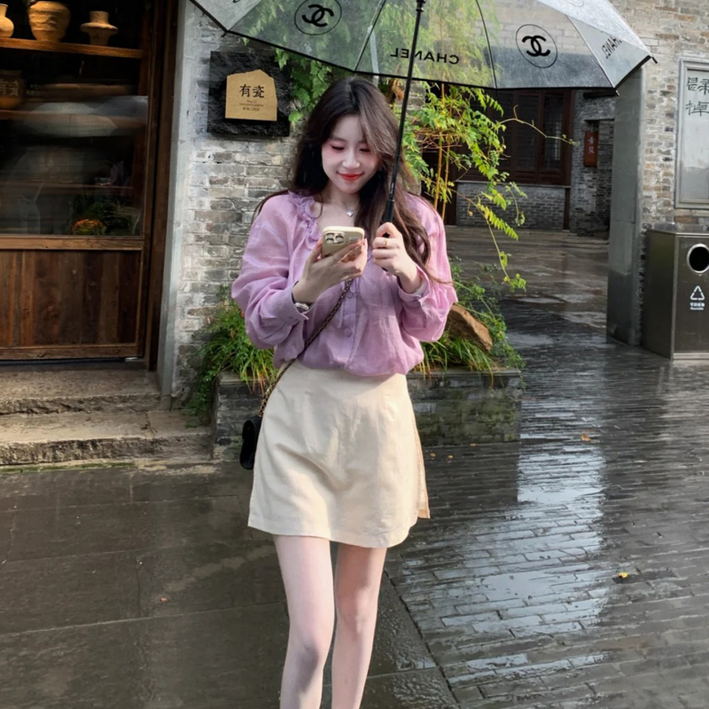 Purple Shirt for Women, New Summer Style, Ruffled Edge, High-End Feel, Thin Long-Sleeve, Loose, Light Luxury, Slimming, Sun-Protective Top